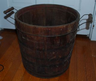 Antique Primitive Wood Bucket With Wire And Wood Side Handles