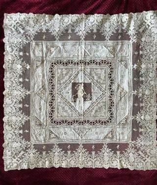 Remarkable French Antique Hand Made Linon Tablecloth Needle Lace Figural People