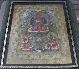 Antique Tibetan Estate Framed Thangka Thanka Buddhist Red Green & White Tara