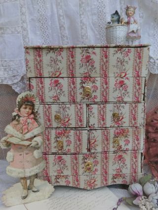 Rare Exquisite Antique French Fabric Covered Box 6 Drivers Boudoir Lovely Rose