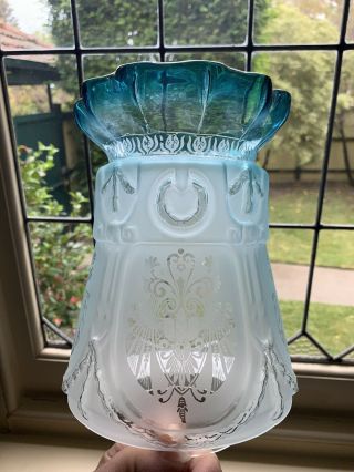 Victorian Blue Etched Embossed Duplex Glass Oil Lamp Shade