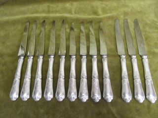 20th C French Sterling Silver (handles) 12 Dessert Knives Rococo St Lapparra