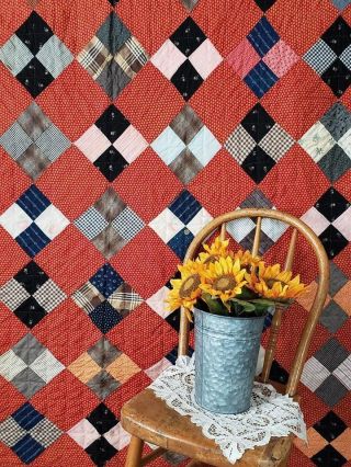 Country Living Perfect Antique C1880 Calico Red Four Patch Quilt