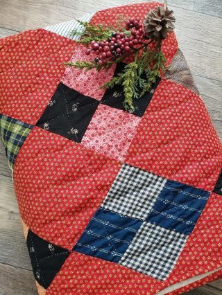 Country Living Perfect Antique c1880 Calico Red Four Patch Quilt 2
