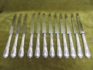 20th C French Sterling Silver (handles) 12 Dinner Knives Rococo St Lapparra 875g