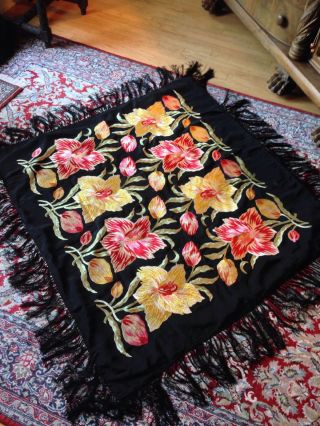 Antique Victorian Fringe Piano Scarf Shawl Throw Black Red Yellow Embroidered