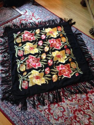 Antique Victorian Fringe Piano Scarf Shawl Throw BLACK RED YELLOW Embroidered 2