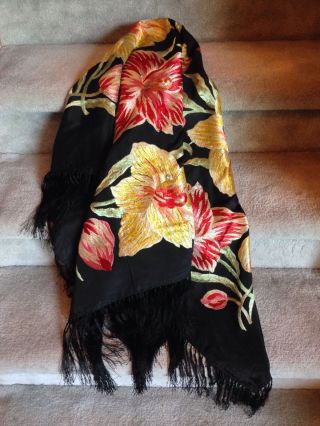 Antique Victorian Fringe Piano Scarf Shawl Throw BLACK RED YELLOW Embroidered 7