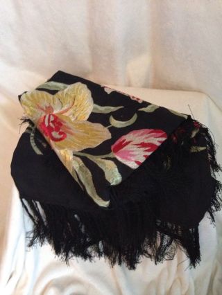 Antique Victorian Fringe Piano Scarf Shawl Throw BLACK RED YELLOW Embroidered 8