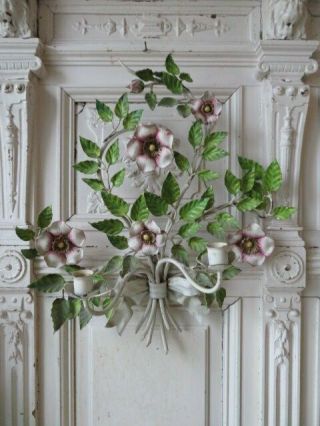 Omg Old Vintage Italian Tole Wall Sconce Candle Holder Wild Roses Magnolias Bow