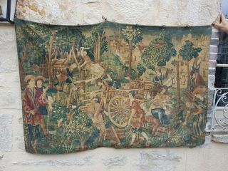 Antique French,  Aubusson Style Tapestry,  Renaissance,  Loggers 63 X 41.  73 " In