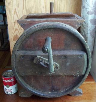 Antique Primitive Staved Wood Butter Churn Hand Crank Cylinder Iron Crank