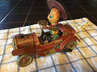 Late 40s Vintage Rare Wind Up Litho Tin Cowboy Bill Wild Car,  Japan