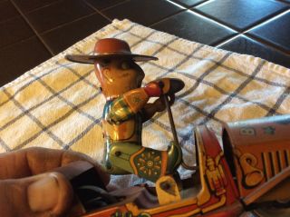 Late 40s VINTAGE RARE WIND UP LITHO TIN Cowboy Bill Wild CAR,  JAPAN 8