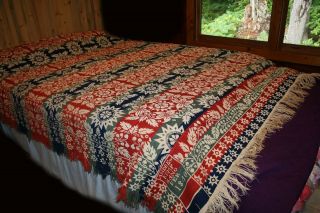 Antique 1800s Coverlet 2 Panel Homespun Blanket W/ Fringe 4 Colors Bedspread