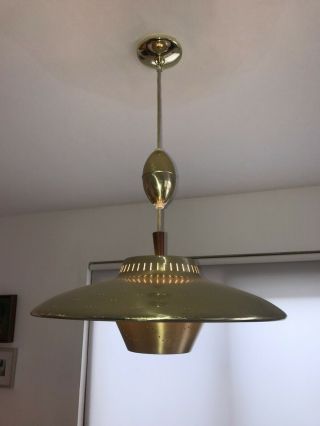 Vintage Hanging Brass Chandelier Saucer Lamp Light Mid Century Atomic Age