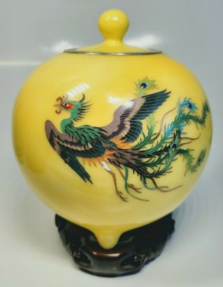19th Century Japanese Cloisonné Yellow Silver Jar Peacock On Yin Yang Wood Stand