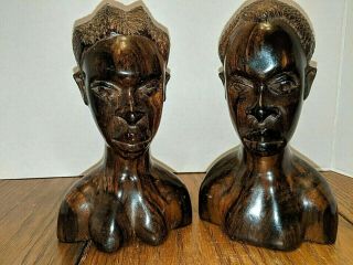 2 African Black Ebony Wood Hand Carved Heads 7.  5 " Heavy Statue |