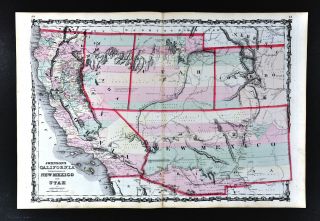 1860 Johnson Map Mexico Arizona Colorado Utah Nevada California 1st Ed