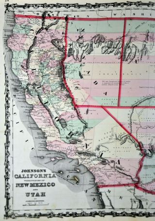 1860 Johnson Map Mexico Arizona Colorado Utah Nevada California 1st ed 2