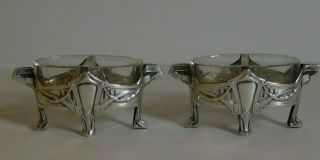 Art Deco German 800 Silver & Glass Liners Salt Cellars / Bowls Wilhelm Binder