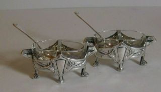 Art Deco German 800 Silver & Glass Liners Salt Cellars / Bowls Wilhelm Binder 2