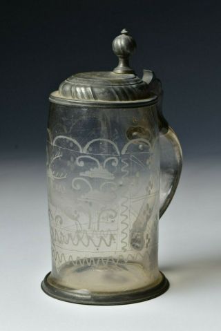 18th Century German Stiegel Type Blown Glass Lidded Stein With Engraved Deer