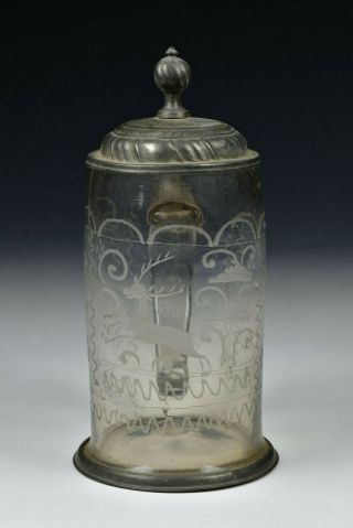 18th Century German Stiegel Type Blown Glass Lidded Stein with Engraved Deer 2