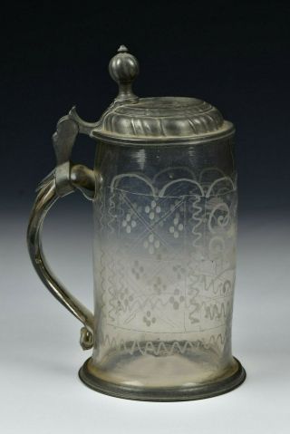 18th Century German Stiegel Type Blown Glass Lidded Stein with Engraved Deer 3