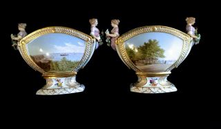 Pair Antique Hand Painted Porcelain Vases Figural Decoration Paintings On Front