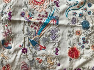 Antique Heavy Embroidered Silk Piano Shawl Cover Fringe Floral Bird Asian Chines 10