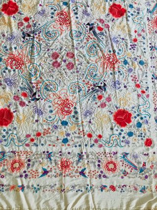 Antique Heavy Embroidered Silk Piano Shawl Cover Fringe Floral Bird Asian Chines