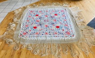 Antique Heavy Embroidered Silk Piano Shawl Cover Fringe Floral Bird Asian Chines 2