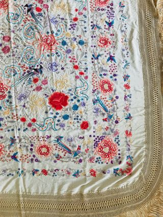 Antique Heavy Embroidered Silk Piano Shawl Cover Fringe Floral Bird Asian Chines 3