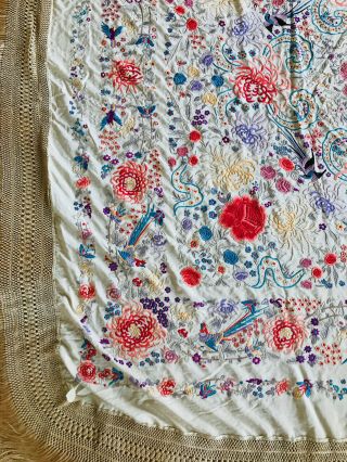 Antique Heavy Embroidered Silk Piano Shawl Cover Fringe Floral Bird Asian Chines 4
