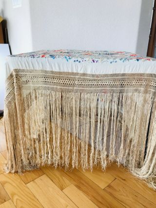Antique Heavy Embroidered Silk Piano Shawl Cover Fringe Floral Bird Asian Chines 7