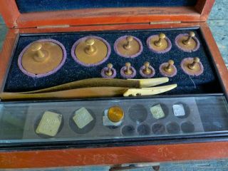 Antique Gold Apothecary Scale Weights Wood Box