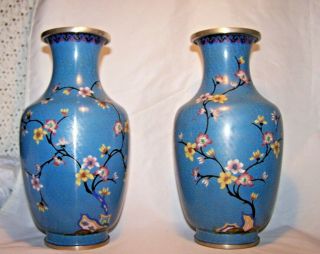 2 - Silver Wire ? Chinese Blue Cloisonne Enamel Vases Lotus & Rockwork Flowers