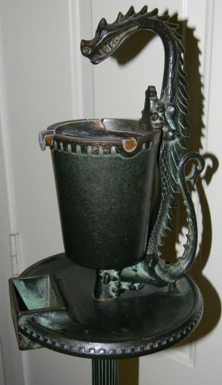 Antique 1920 ' s Art Deco Cast Iron Dragon Ashtray Smoke Stand Paint Rare 2