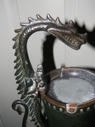 Antique 1920 ' s Art Deco Cast Iron Dragon Ashtray Smoke Stand Paint Rare 7