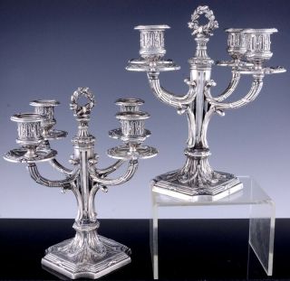 Gorgeous Pair C1880 French Empire Silver Plate 4 Light Candelabra Candlesticks