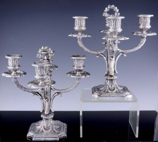 GORGEOUS PAIR c1880 FRENCH EMPIRE SILVER PLATE 4 LIGHT CANDELABRA CANDLESTICKS 4
