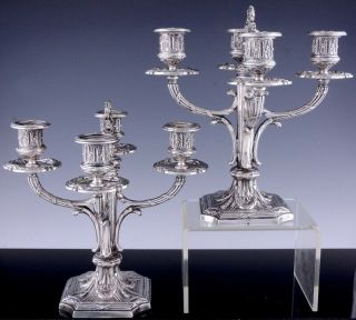 GORGEOUS PAIR c1880 FRENCH EMPIRE SILVER PLATE 4 LIGHT CANDELABRA CANDLESTICKS 5