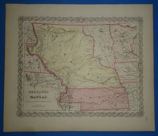 Vintage 1857 Nebraska Territory - Kanzas Map Old Hand Colored Colton