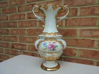 Antique Vintage Meissen Porcelain Lg Hdld Gold Encrusted Vase Hp Flowers 13 3/8 "