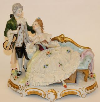 Large Dresden Lace Couple With Violin Figurine On Blue Sofa Unterweissbach