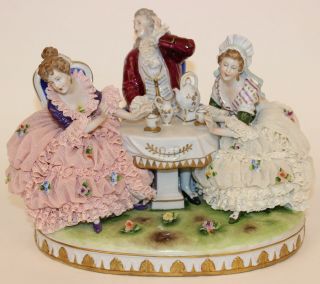 Large Dresden Lace Tea Party Figurine Group