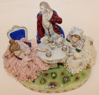 LARGE DRESDEN LACE TEA PARTY FIGURINE GROUP 2