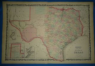 Vintage 1862 Texas Map Old Antique Johnson 