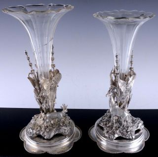 Large Pair Victorian Giraffe Gazelle Figural Silver Plate Epergne Vases